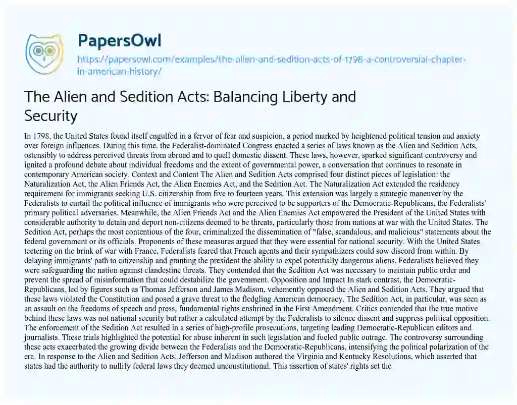 Essay on The Alien and Sedition Acts: Balancing Liberty and Security