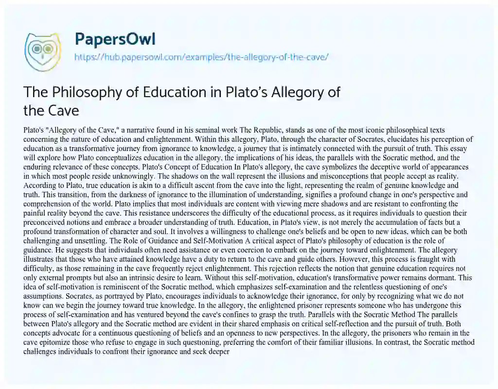 Essay on The Philosophy of Education in Plato’s Allegory of the Cave