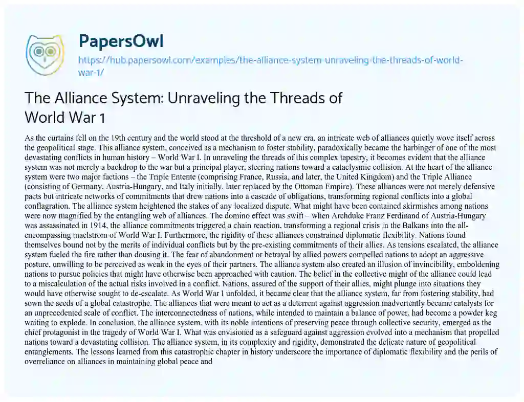 Essay on The Alliance System: Unraveling the Threads of World War 1