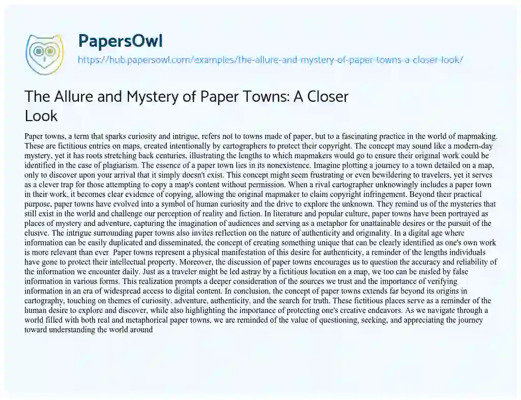 Essay on The Allure and Mystery of Paper Towns: A Closer Look
