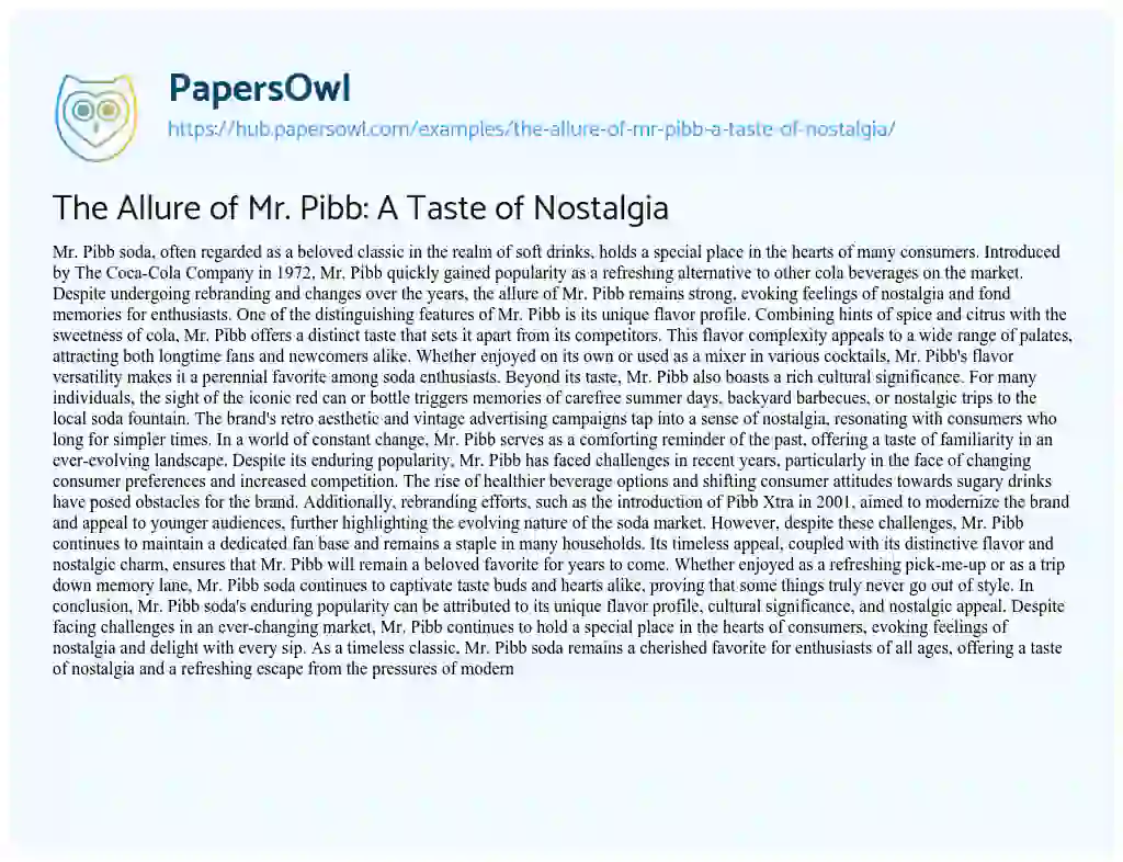 Essay on The Allure of Mr. Pibb: A Taste of Nostalgia