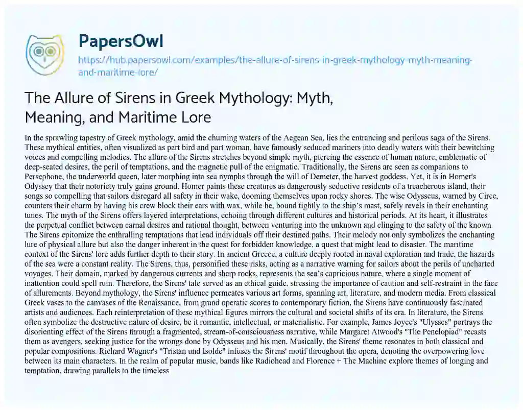 Essay on The Allure of Sirens in Greek Mythology: Myth, Meaning, and Maritime Lore