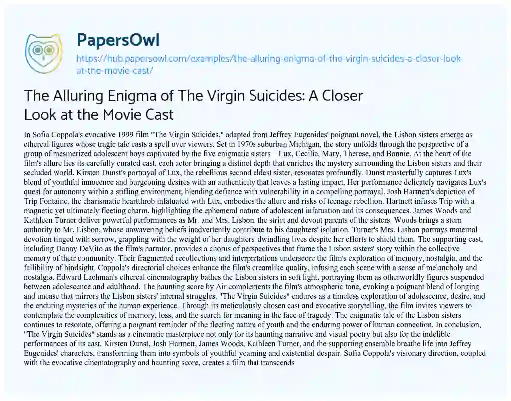 Essay on The Alluring Enigma of The Virgin Suicides: A Closer Look at the Movie Cast