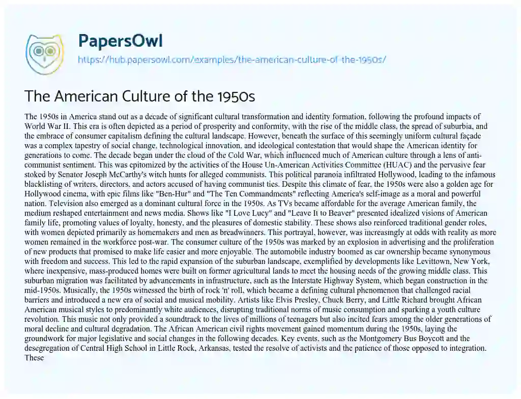 Essay on The American Culture of the 1950s