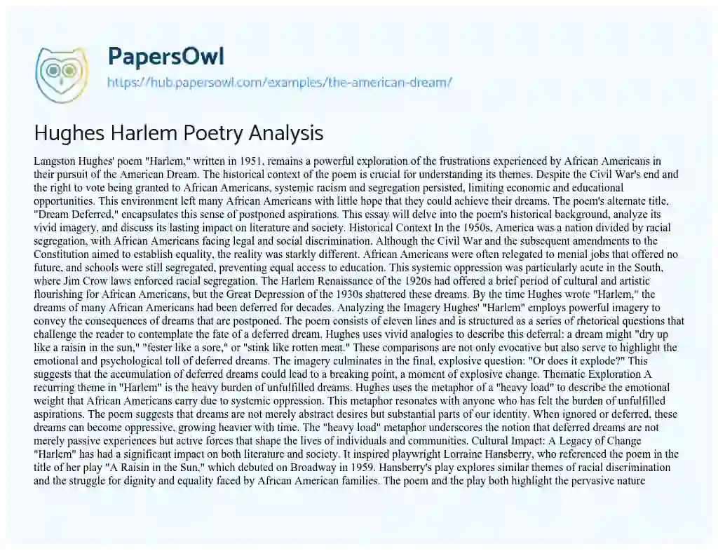 Essay on Hughes Harlem Poetry Analysis
