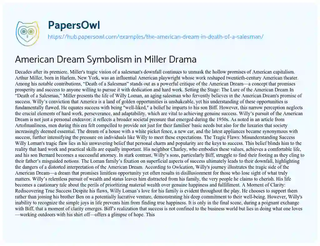 Essay on American Dream Symbolism in Miller Drama
