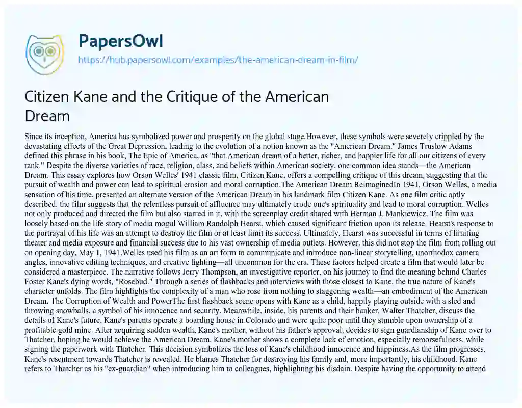 Essay on Citizen Kane and the Critique of the American Dream