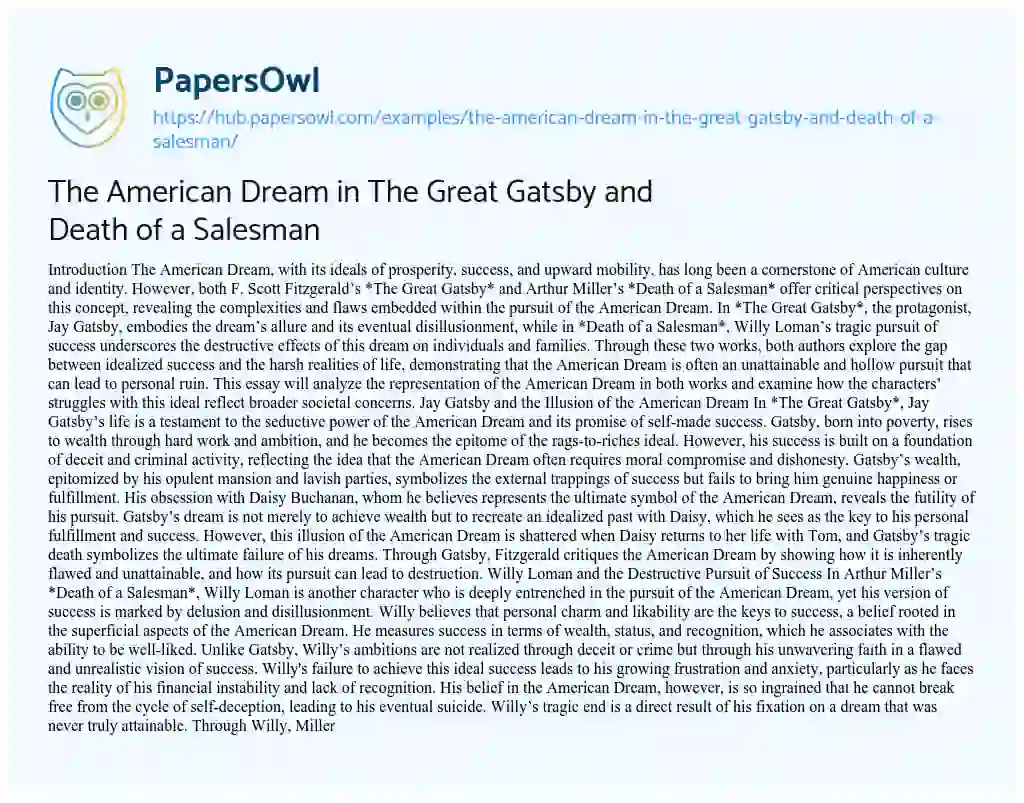 Essay on The American Dream in The Great Gatsby and Death of a Salesman