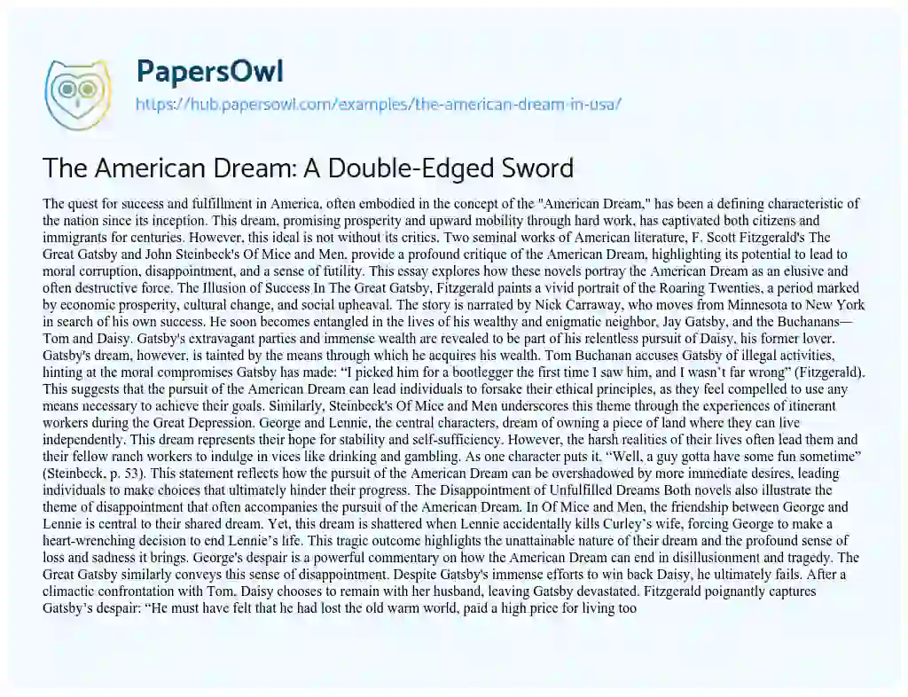 Essay on The American Dream: A Double-Edged Sword