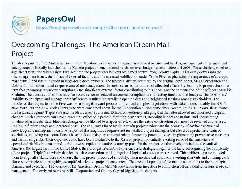 Essay on Overcoming Challenges: The American Dream Mall Project