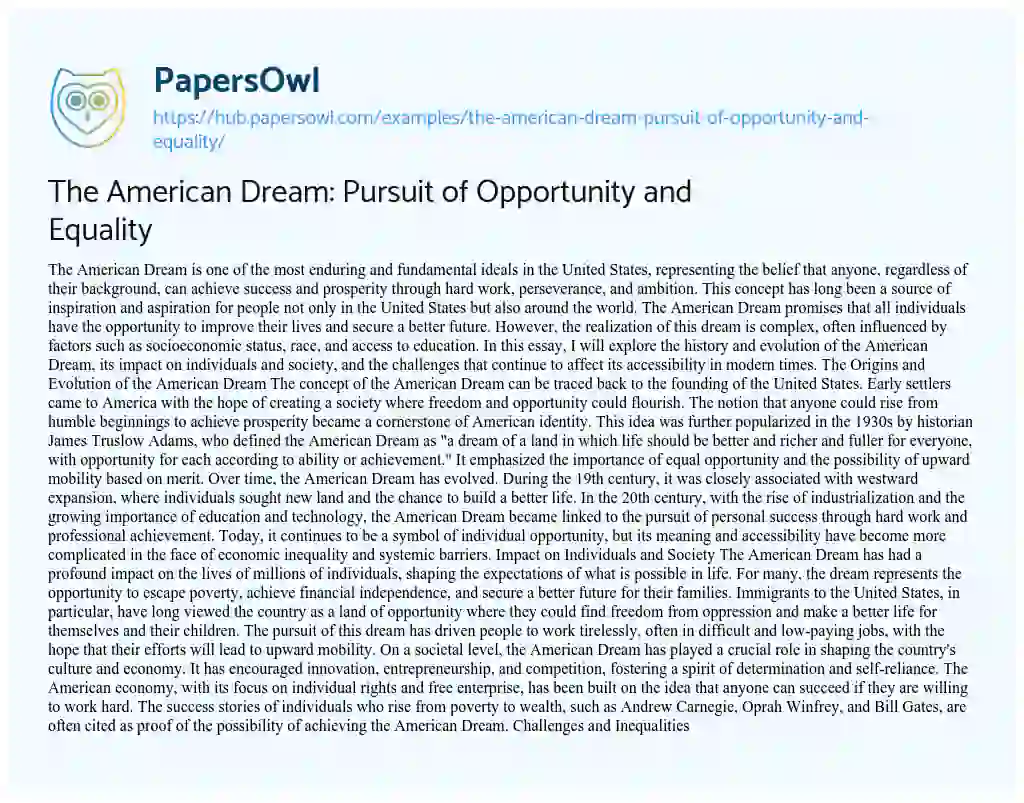 Essay on The American Dream: Pursuit of Opportunity and Equality