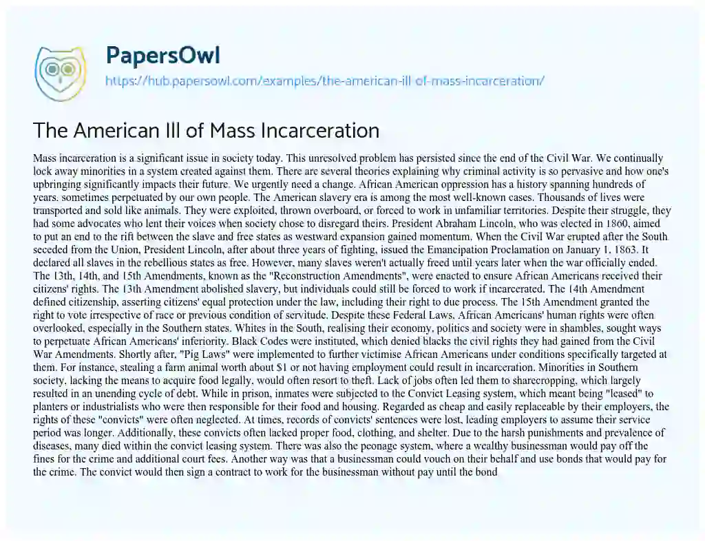 Essay on The American Ill of Mass Incarceration