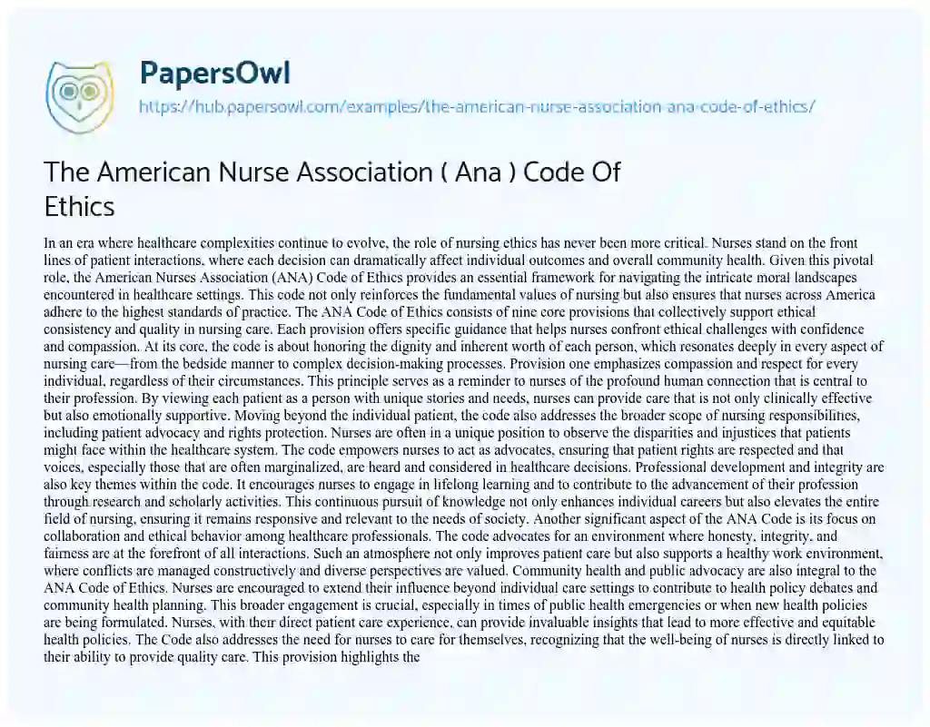 Essay on The American Nurse Association ( Ana ) Code Of Ethics