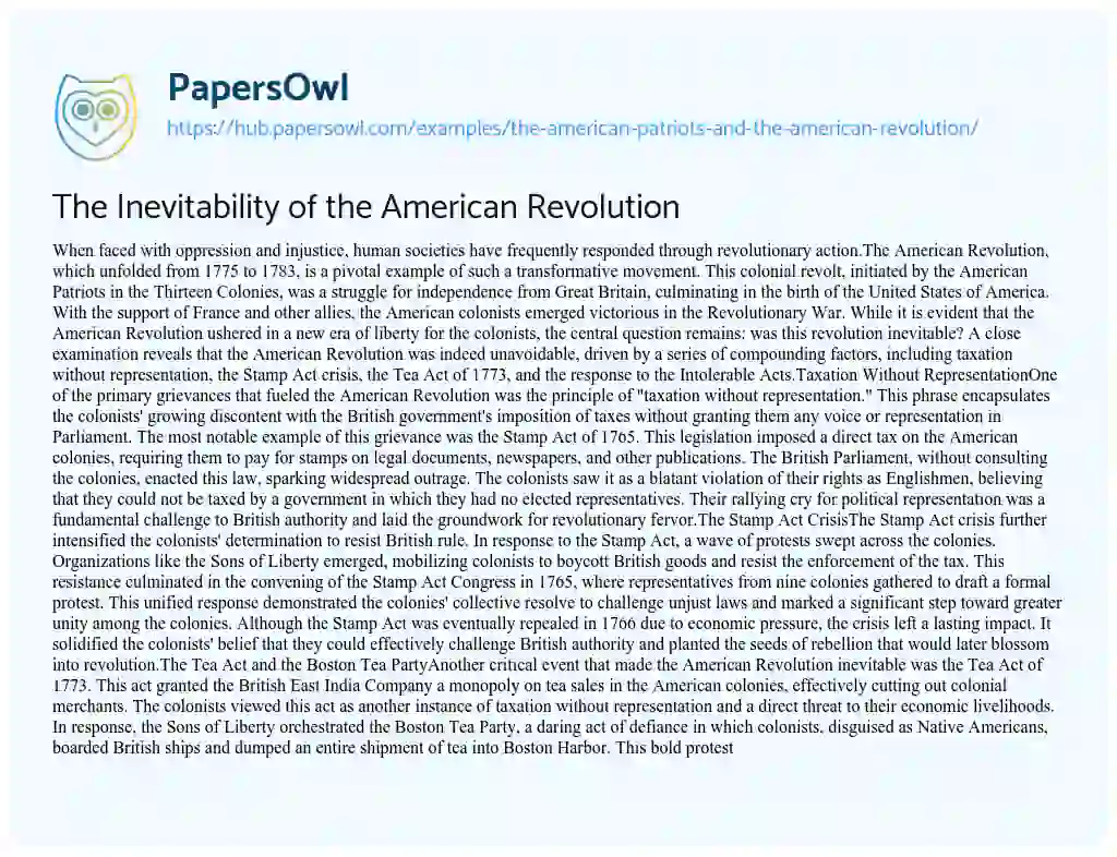 Essay on The Inevitability of the American Revolution