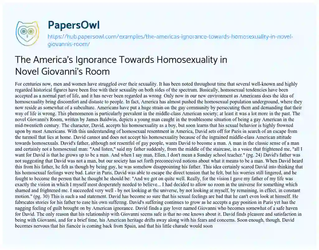 Essay on The America’s Ignorance Towards Homosexuality in Novel Giovanni’s Room
