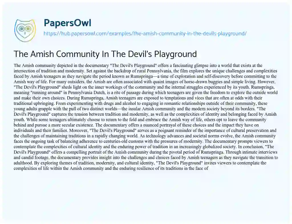 Essay on The Amish Community In The Devil’s Playground