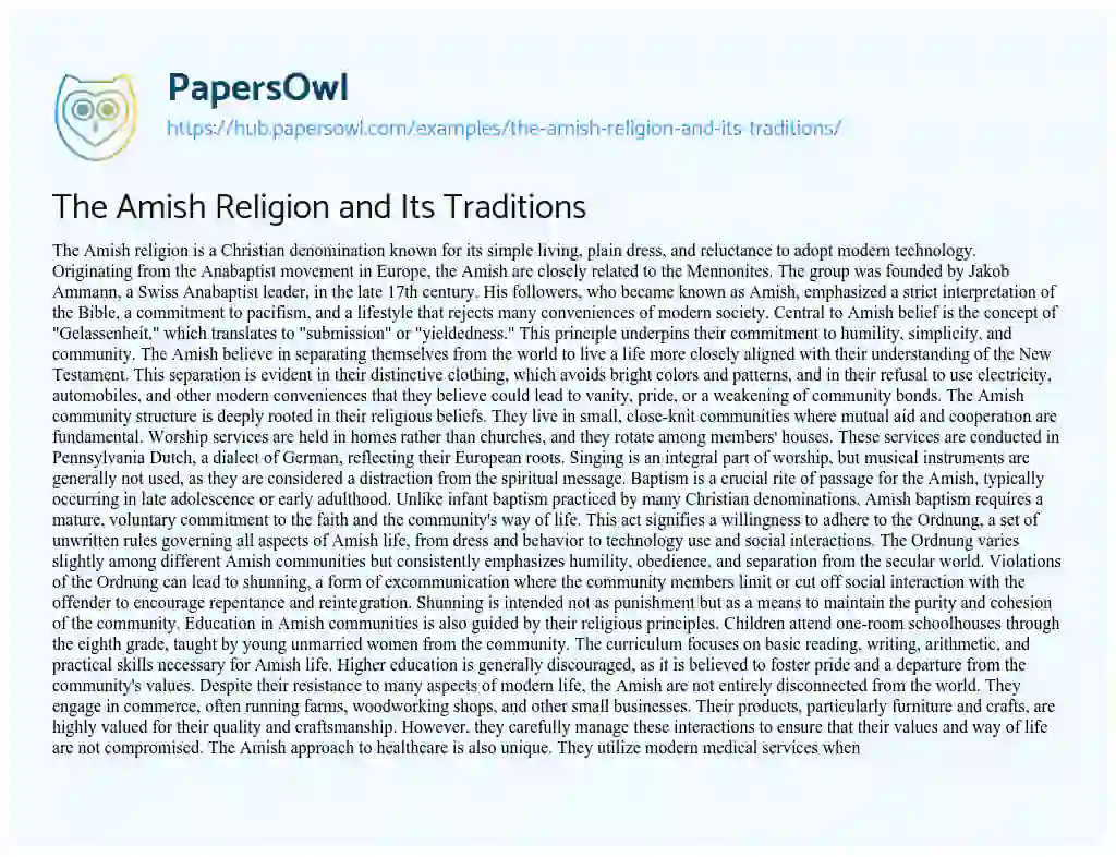 Essay on The Amish Religion and Its Traditions