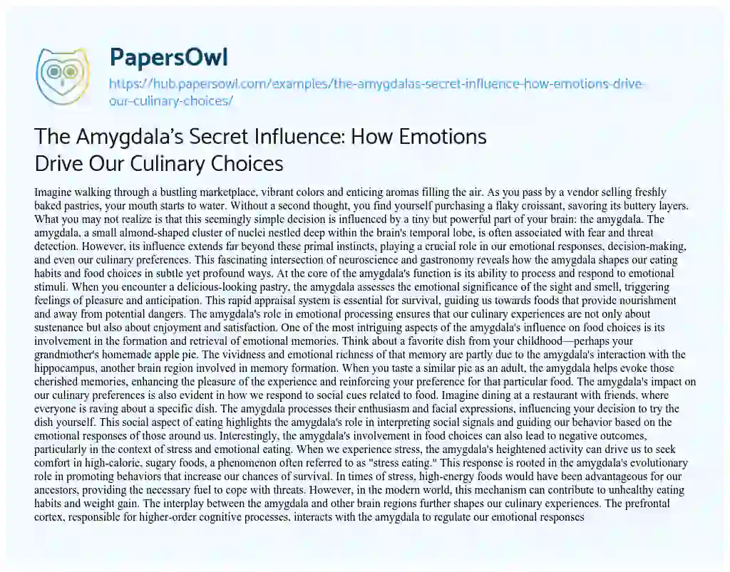 Essay on The Amygdala’s Secret Influence: How Emotions Drive Our Culinary Choices