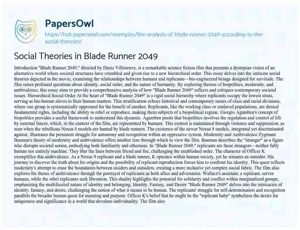 Essay on Social Theories in Blade Runner 2049