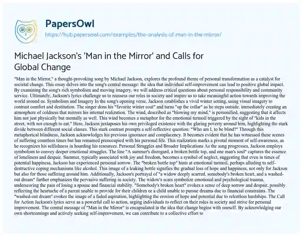 Essay on Michael Jackson’s ‘Man in the Mirror’ and Calls for Global Change