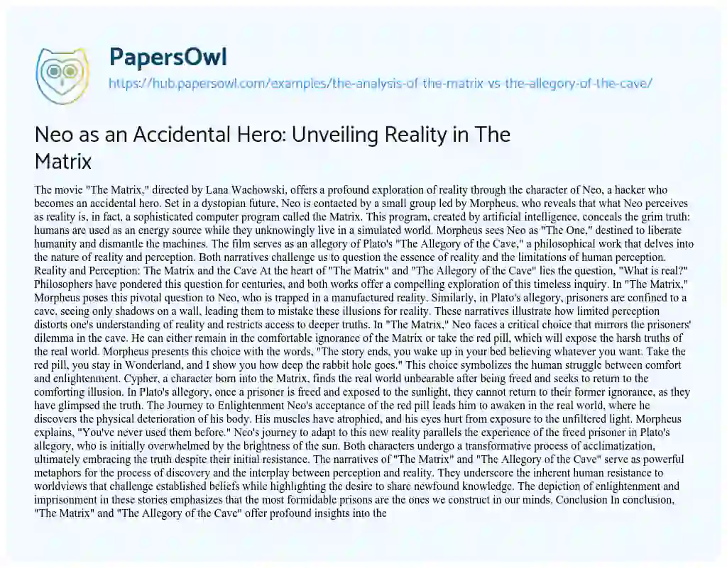 Essay on Neo as an Accidental Hero: Unveiling Reality in The Matrix