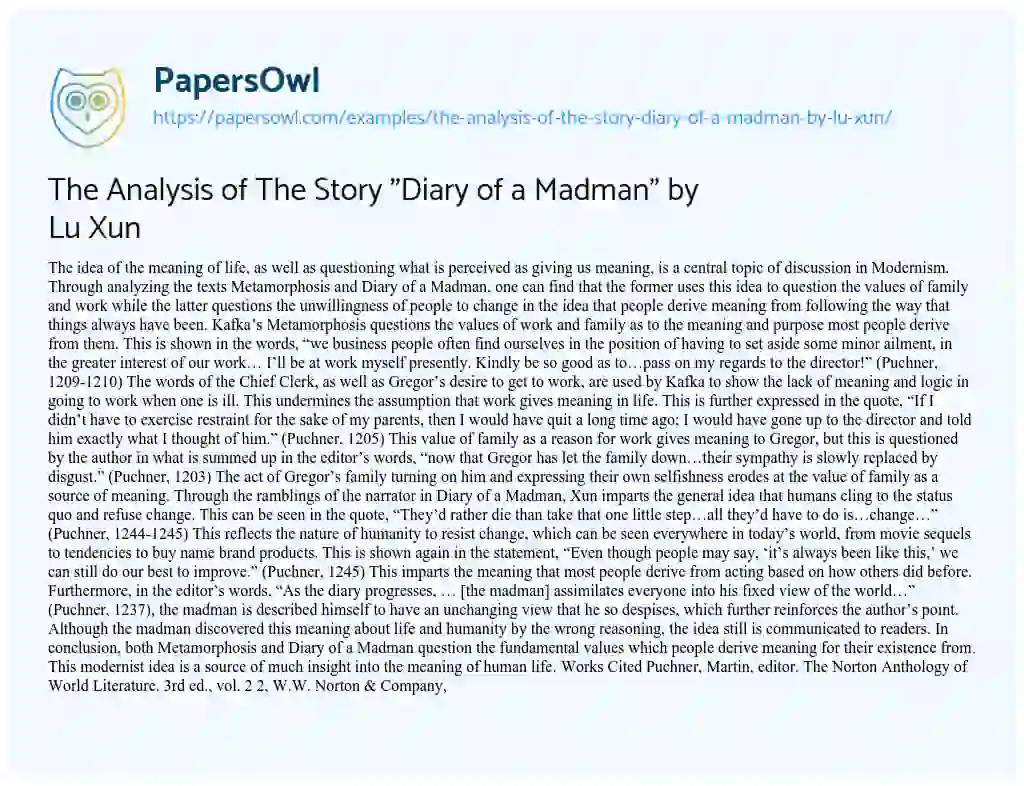Essay on The Analysis of The Story “Diary of a Madman” by Lu Xun