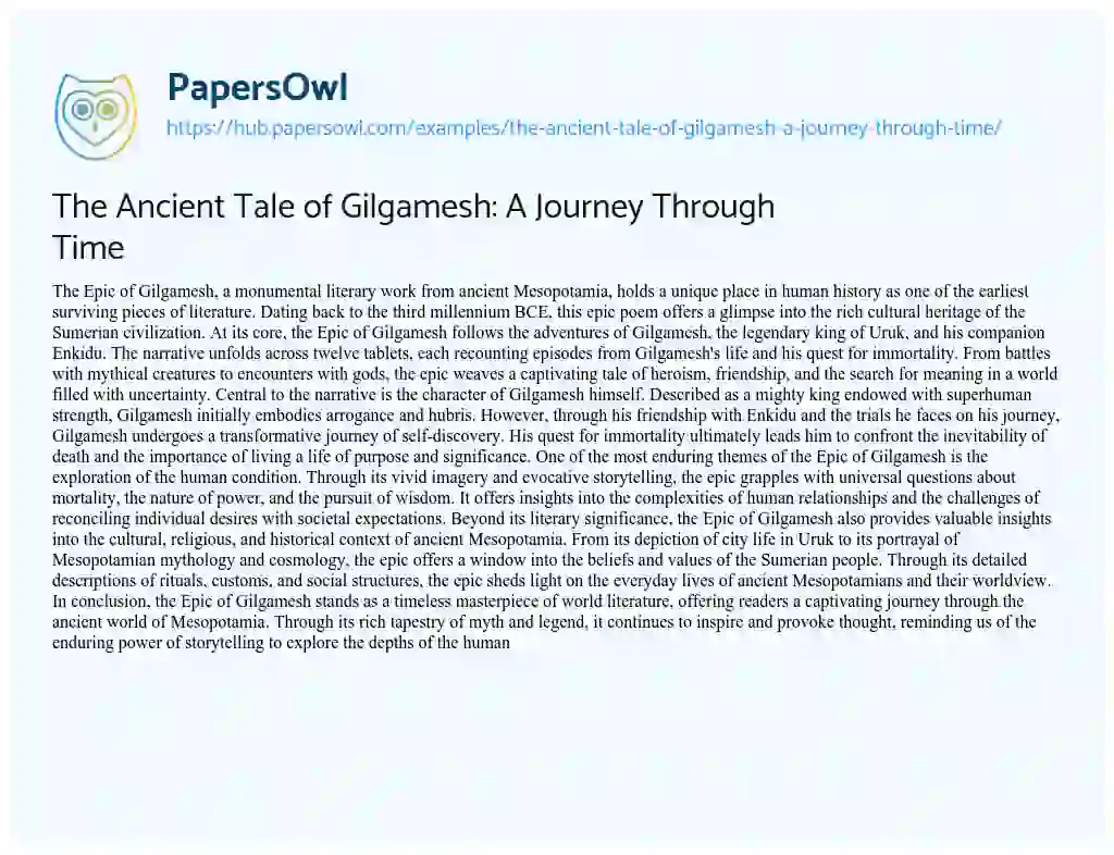 Essay on The Ancient Tale of Gilgamesh: A Journey Through Time
