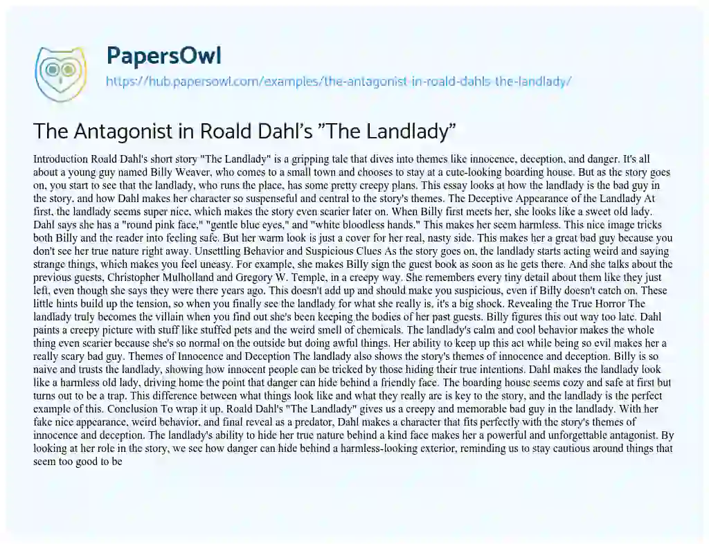 Essay on The Antagonist in Roald Dahl’s “The Landlady”