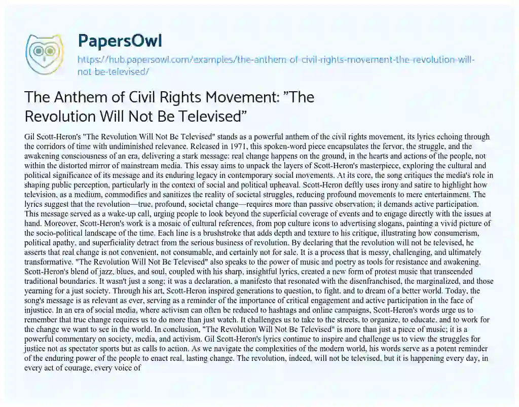 Essay on The Anthem of Civil Rights Movement: “The Revolution Will Not Be Televised”