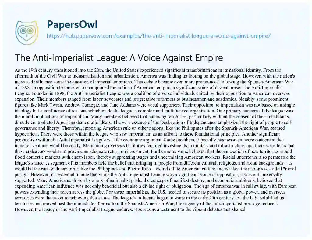 Essay on The Anti-Imperialist League: A Voice Against Empire