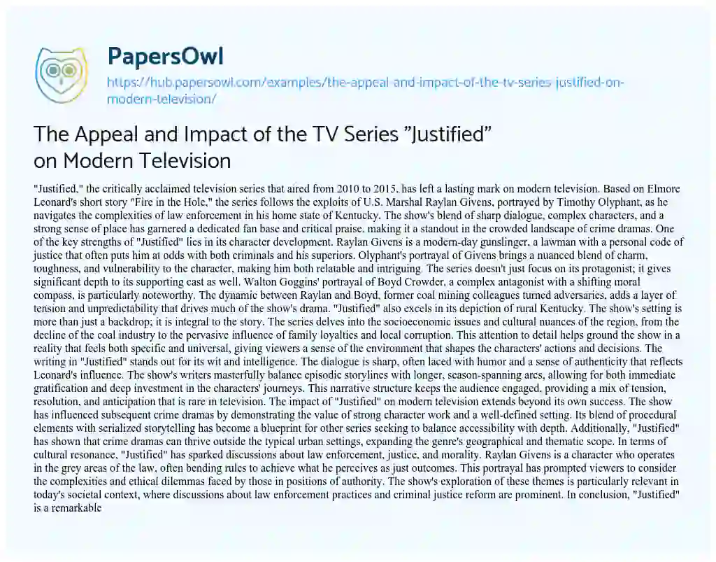 Essay on The Appeal and Impact of the TV Series “Justified” on Modern Television