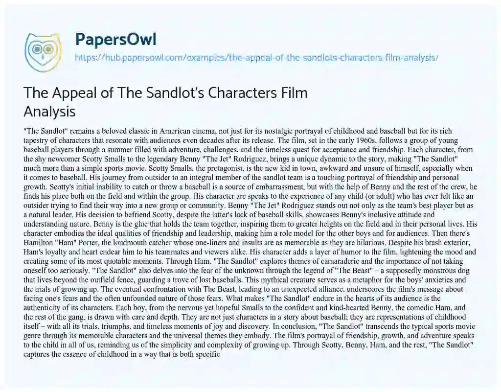 Essay on The Appeal of The Sandlot’s Characters Film Analysis