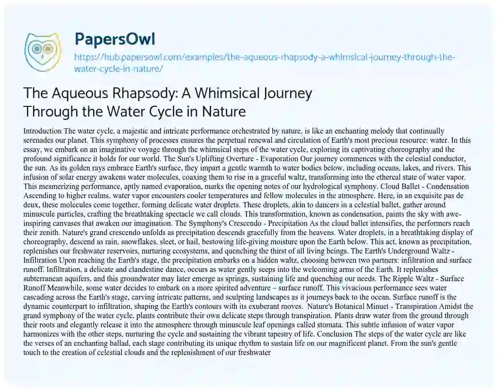 Essay on The Aqueous Rhapsody: A Whimsical Journey Through the Water Cycle in Nature