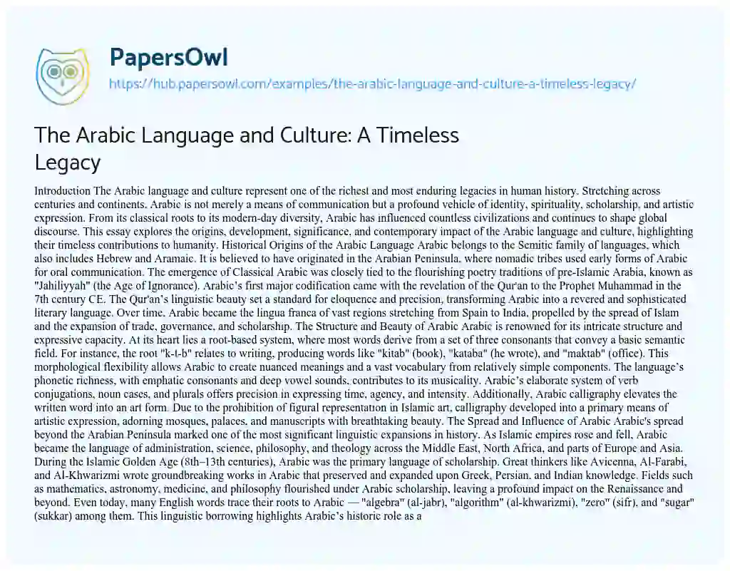 Essay on The Arabic Language and Culture: A Timeless Legacy