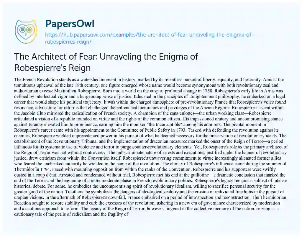 Essay on The Architect of Fear: Unraveling the Enigma of Robespierre’s Reign