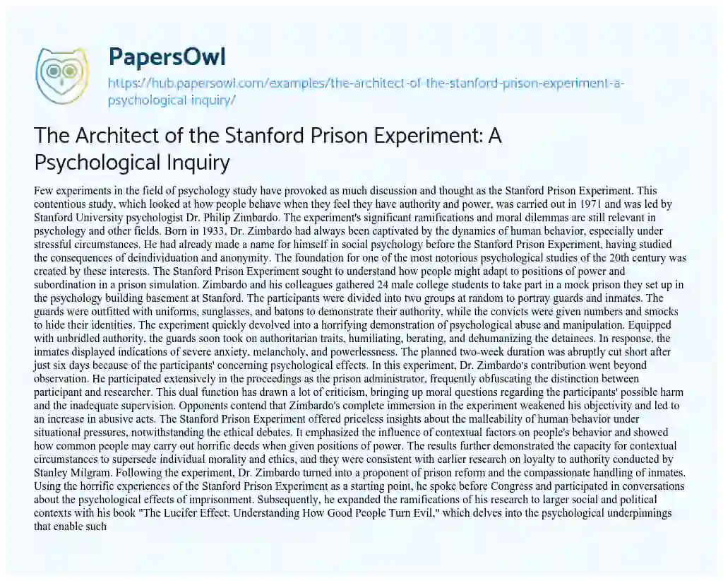 Essay on The Architect of the Stanford Prison Experiment: A Psychological Inquiry