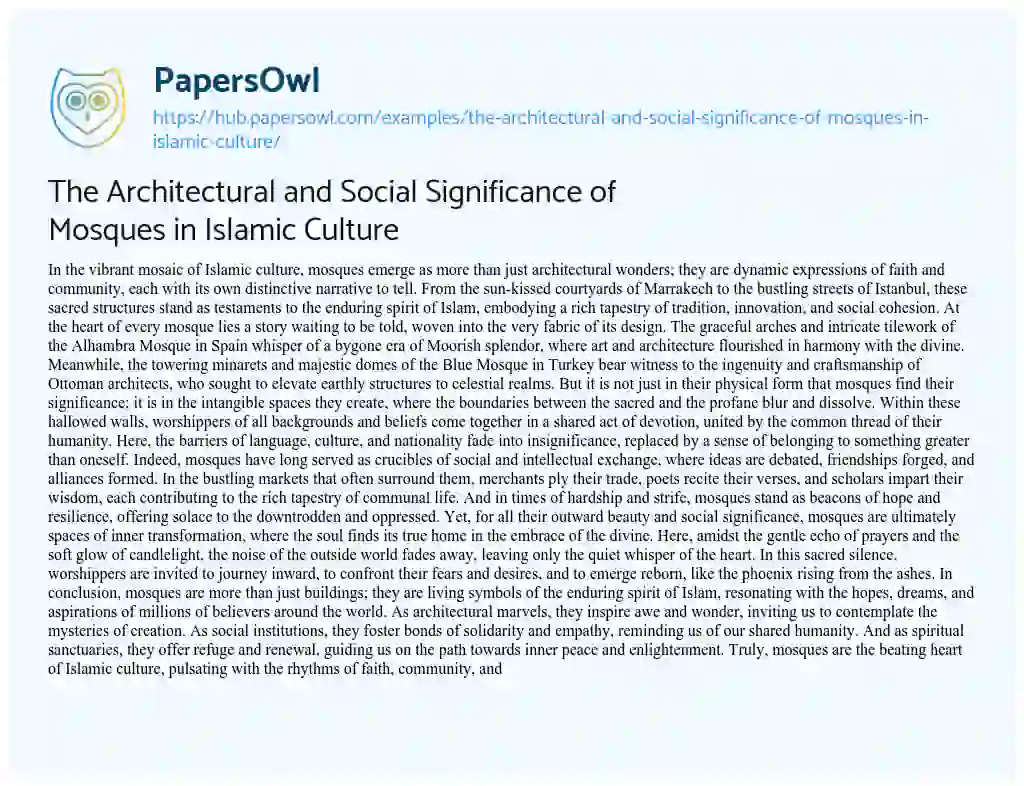 Essay on The Architectural and Social Significance of Mosques in Islamic Culture