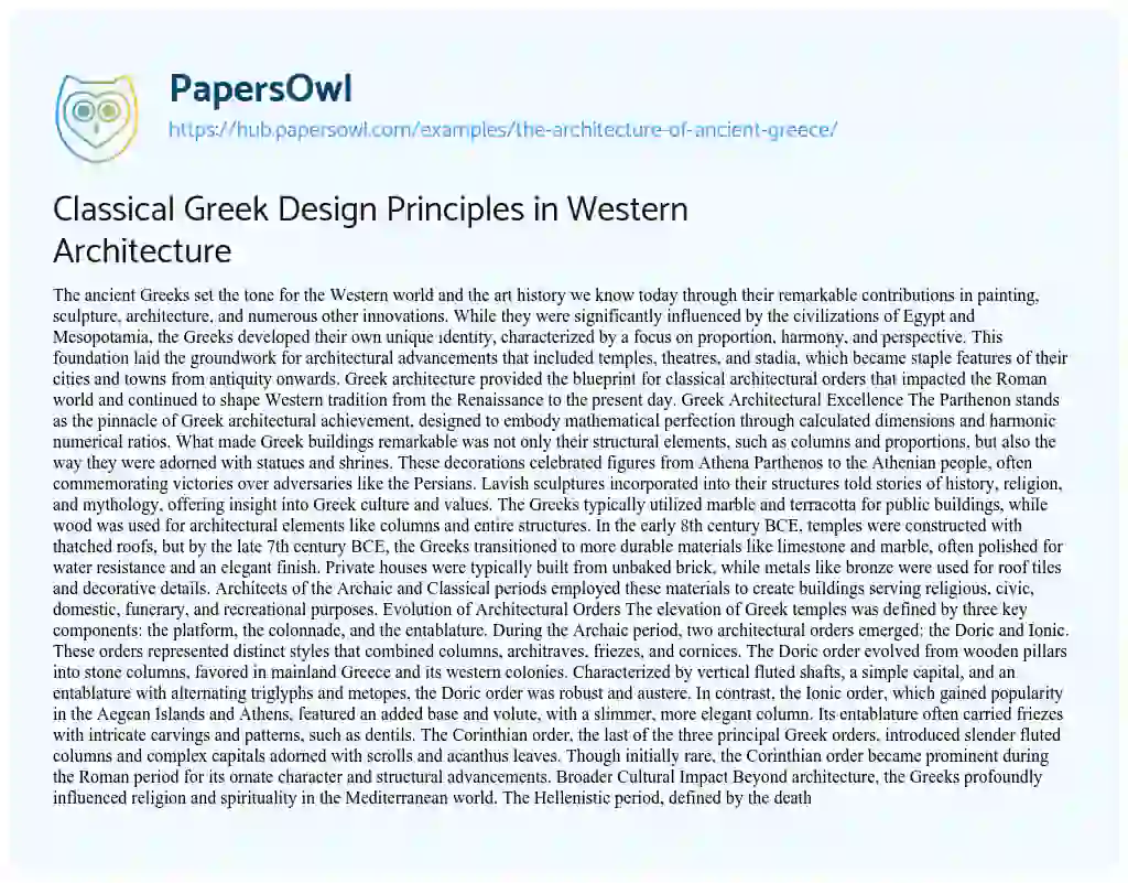 Essay on Classical Greek Design Principles in Western Architecture