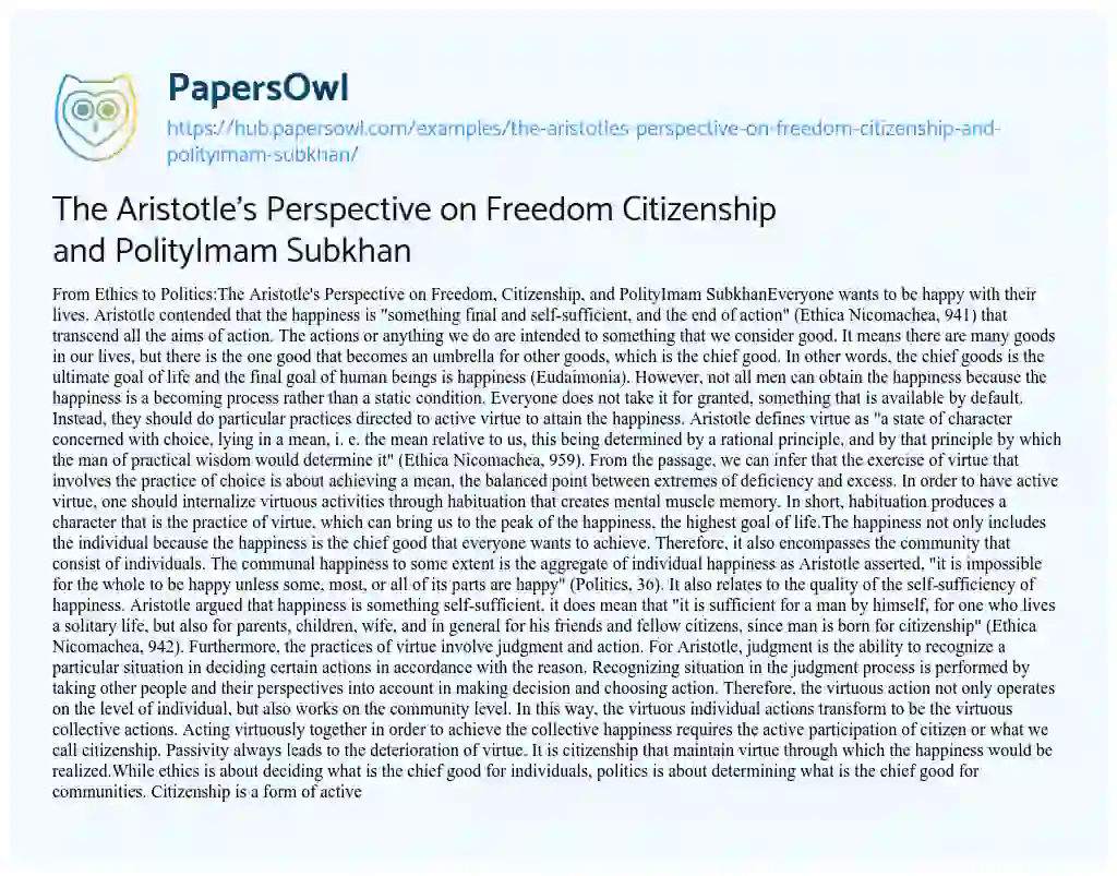 Essay on The Aristotle’s Perspective on Freedom Citizenship and PolityImam Subkhan