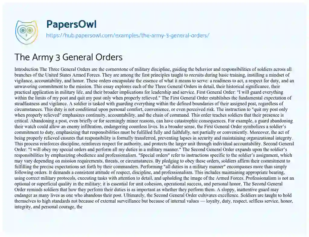 Essay on The Army 3 General Orders