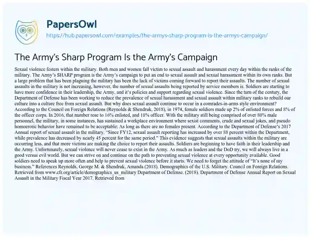 Essay on The Army’s Sharp Program Is the Army’s Campaign