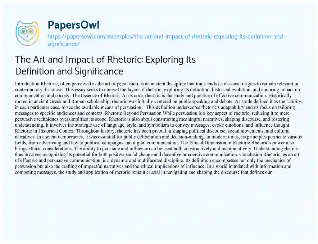 Essay on The Art and Impact of Rhetoric: Exploring Its Definition and Significance
