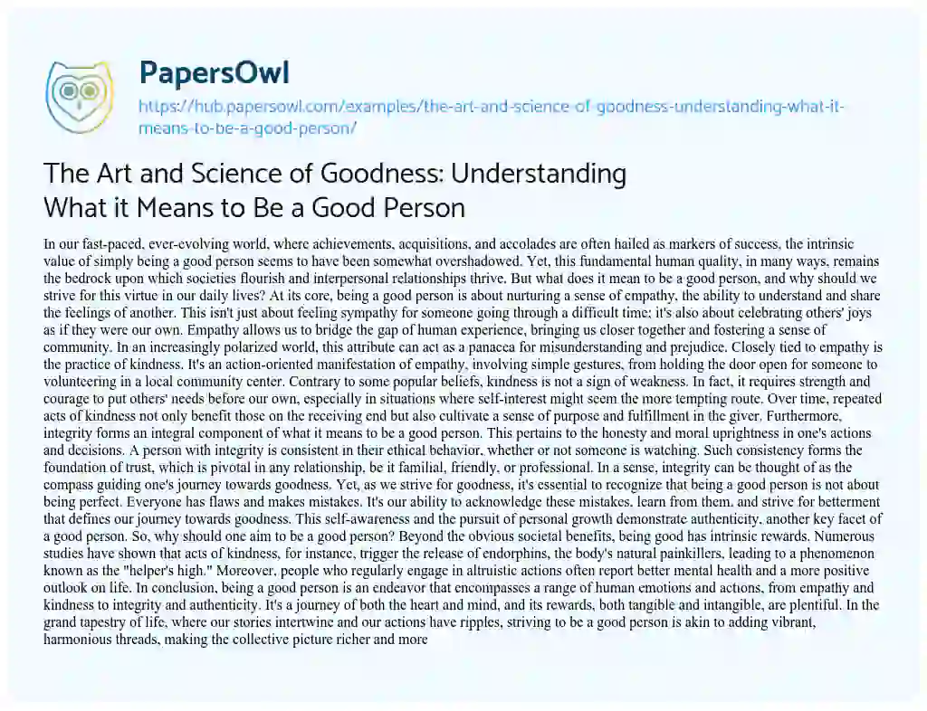 Essay on The Art and Science of Goodness: Understanding What it Means to Be a Good Person