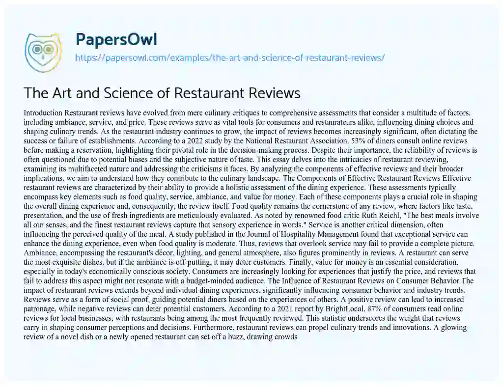 Essay on The Art and Science of Restaurant Reviews