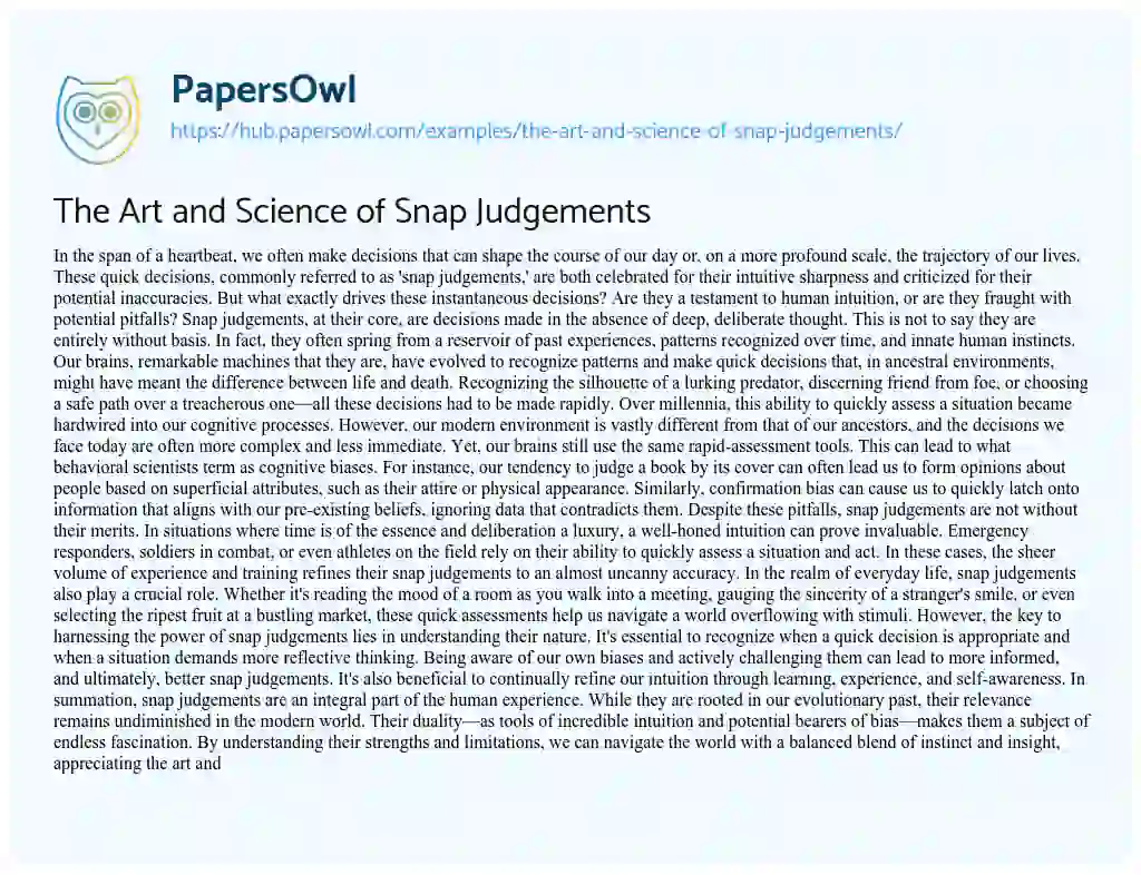 Essay on The Art and Science of Snap Judgements
