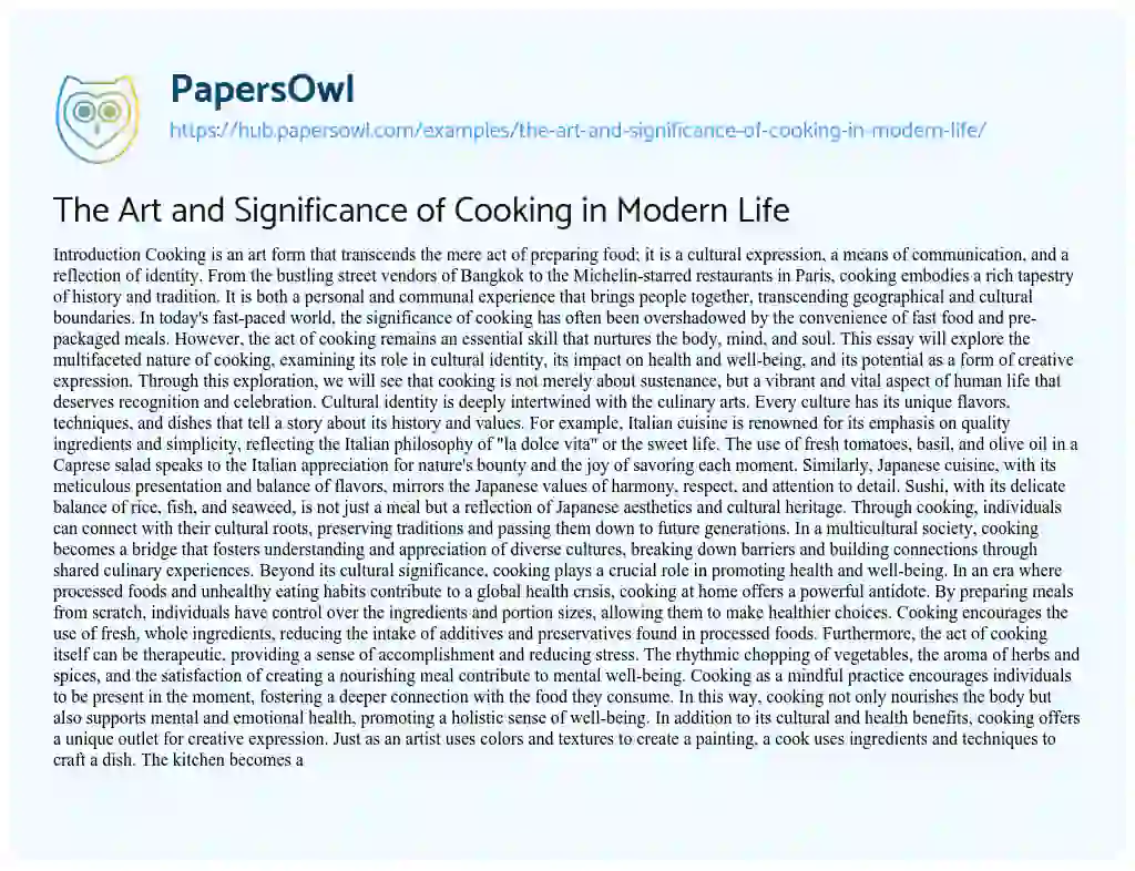 Essay on The Art and Significance of Cooking in Modern Life