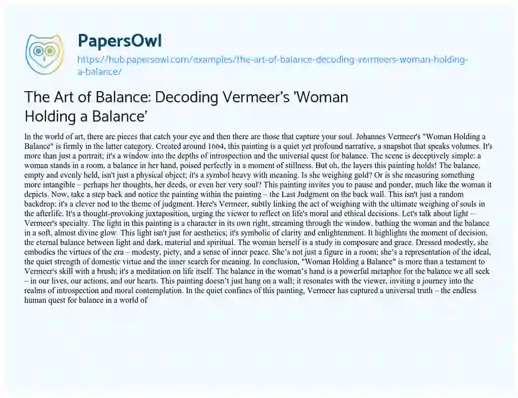 Essay on The Art of Balance: Decoding Vermeer’s ‘Woman Holding a Balance’