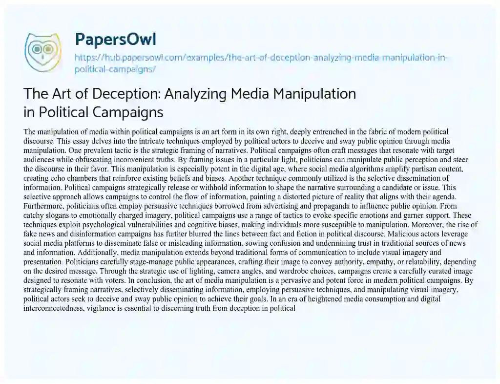 Essay on The Art of Deception: Analyzing Media Manipulation in Political Campaigns