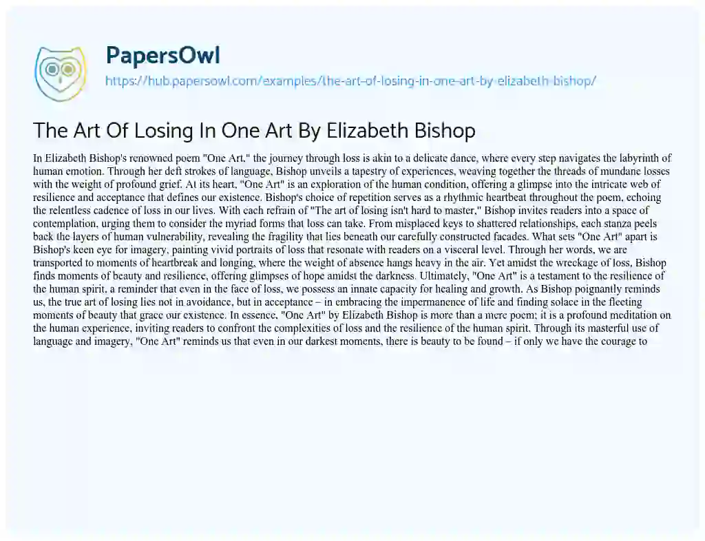 Essay on The Art Of Losing In One Art By Elizabeth Bishop
