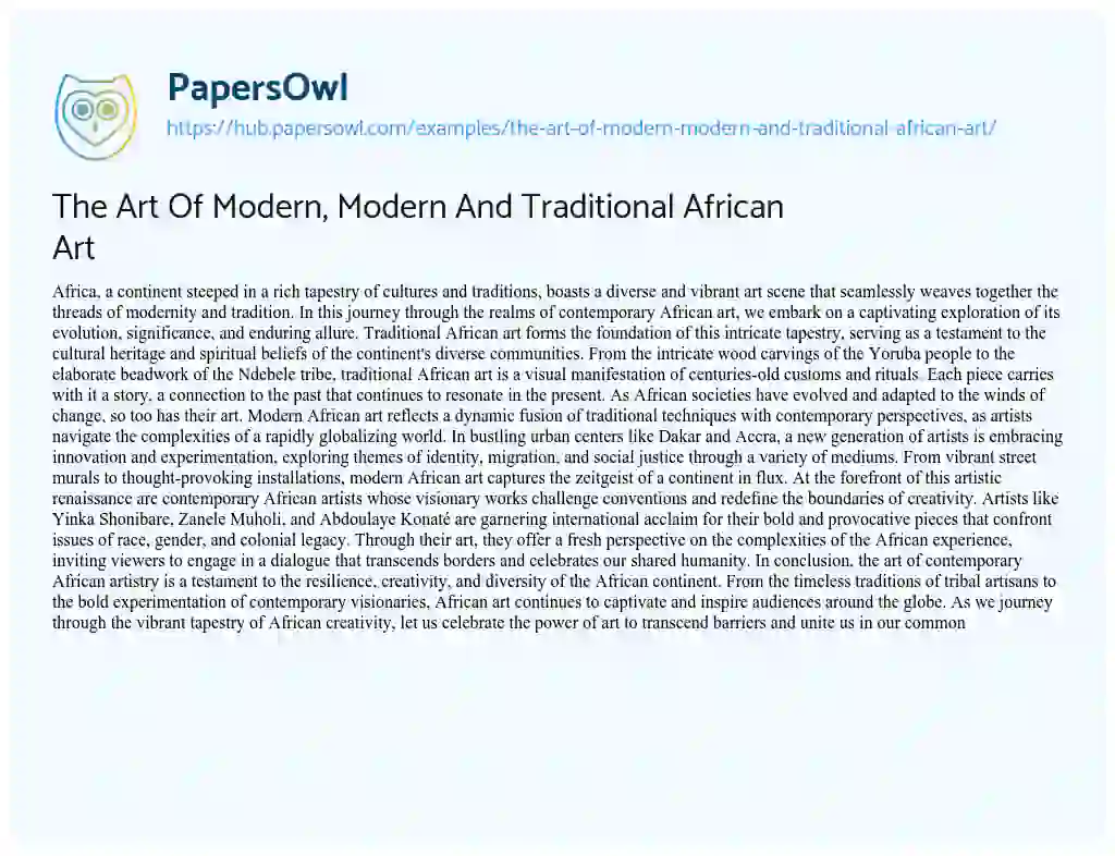 Essay on The Art Of Modern, Modern And Traditional African Art